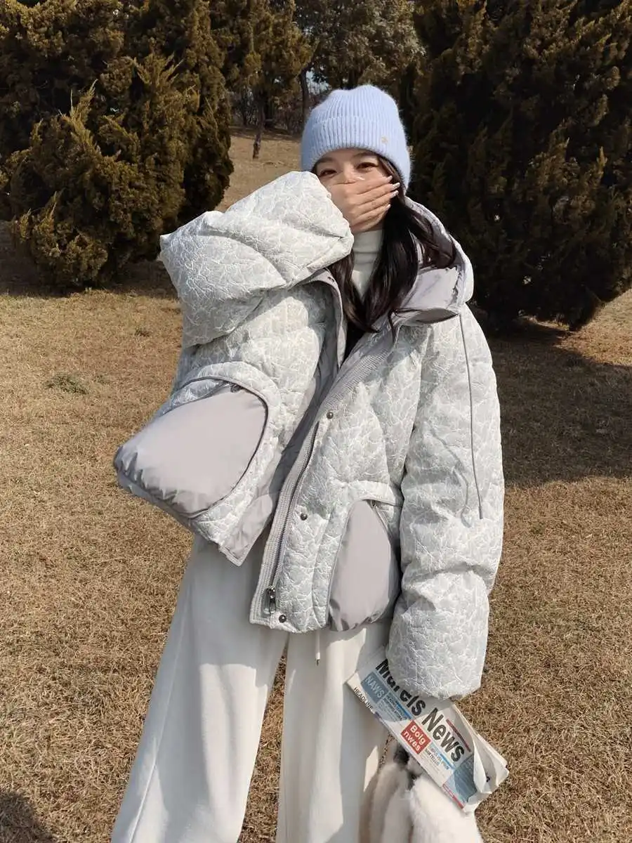 Cinza claro impresso com capuz jaqueta de inverno feminino novo coreano grosso quente curto pato branco para baixo casaco zíper fivela escondida estilo