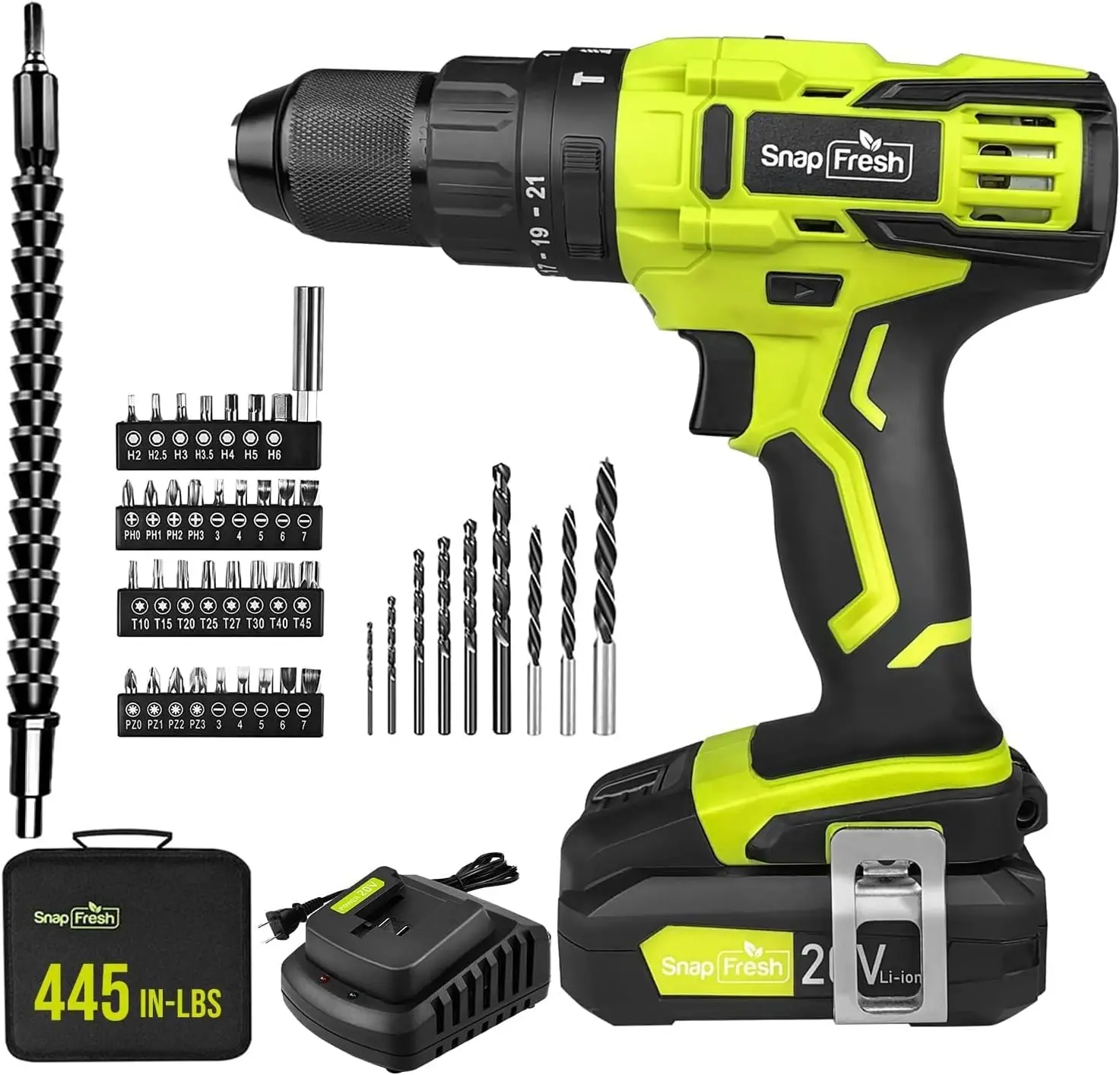 

20V Cordless Impact Drill-1/2" Power Drill/Driver Set,445in-lbs Torque Max,2 Variable Speeds, 43Pcs Bits w/case,2.0Ah Battery &