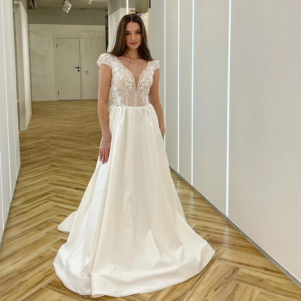 Weilinsha-vestidos De novia con cuello en V y manga casquillo, recién llegados, vestidos De novia cortos, Jersey blanco acampanado, vestido De mujer