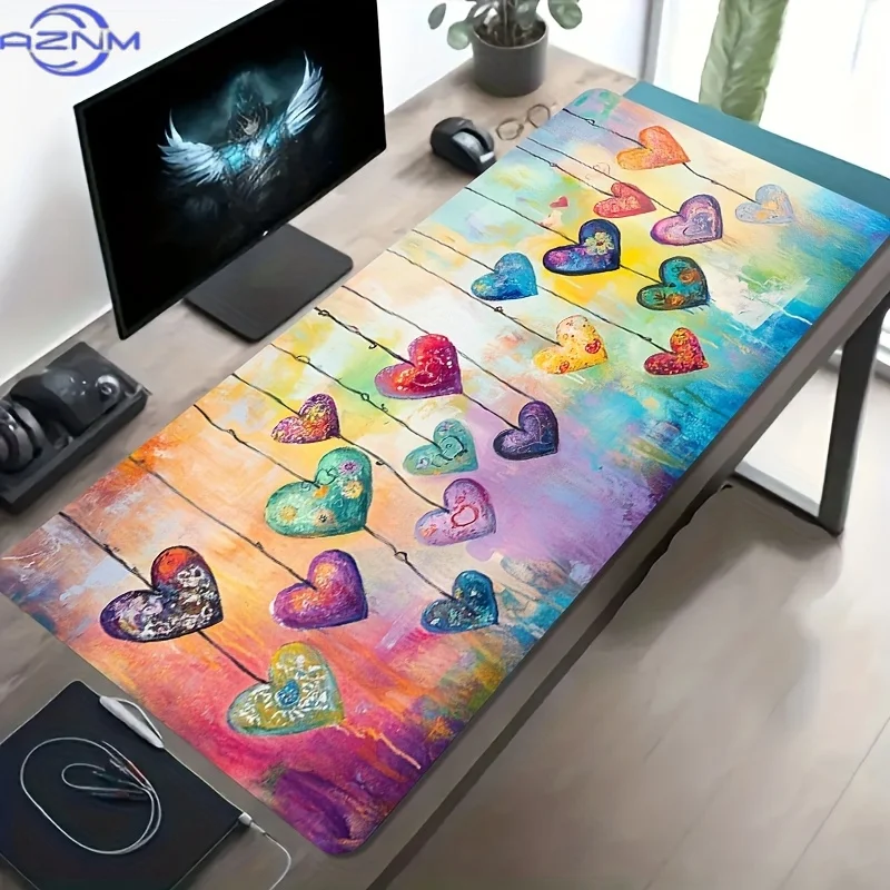 1 Large Gaming Mouse Pad with Colorful Hand-Painted Hanging Heart Art Design, Non-Slip Washable Rubber Base, Oversized Desk Mat