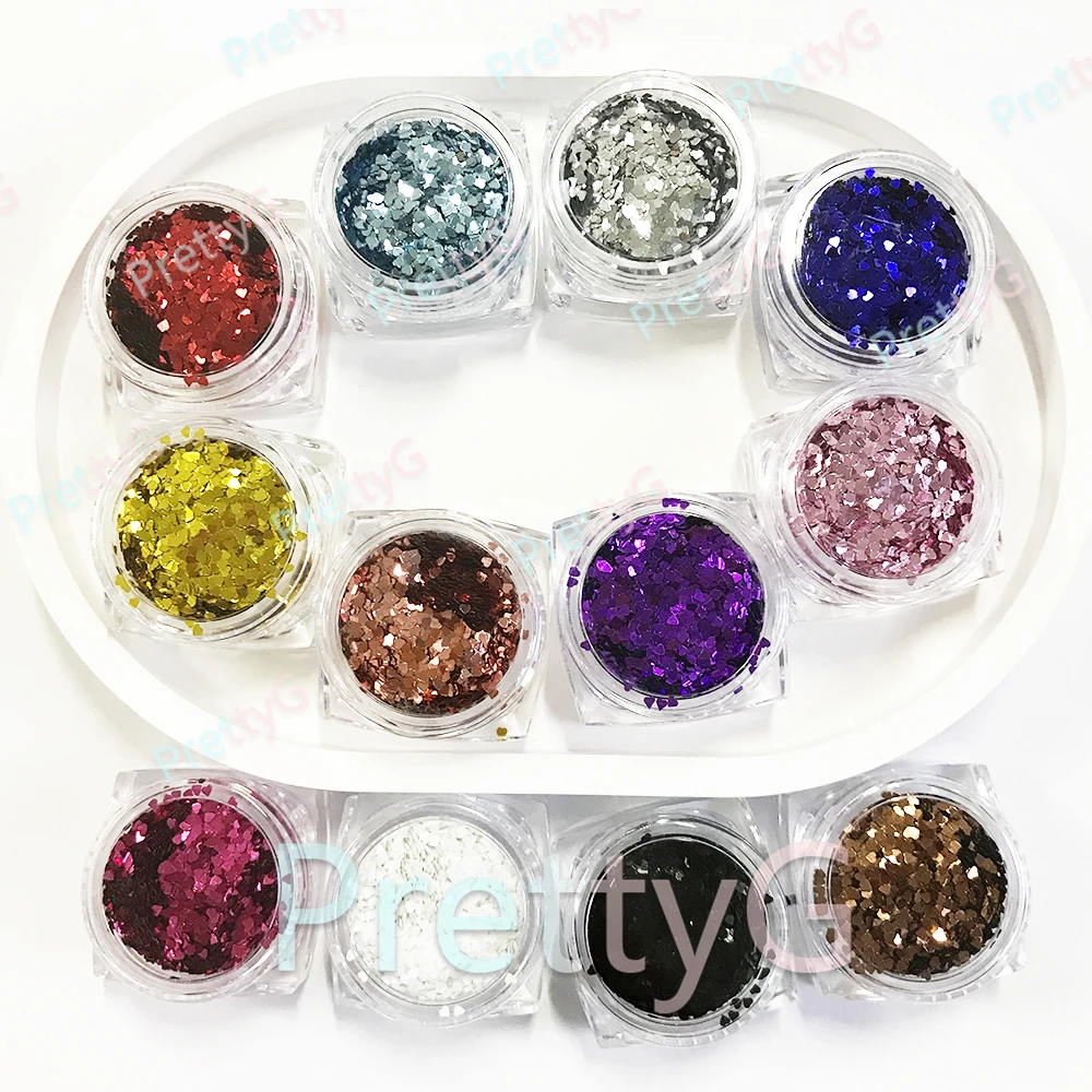 PrettyG 1 Box M0-1mm Mini Hearts Meatllic Glitter Shapes Nails Sequins Iridescent Glitter Supplies For DIY Nail Decoration