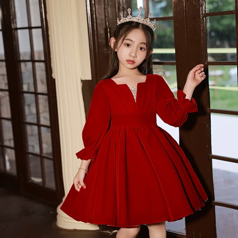 

Бархатное платье винного цвета для девочек на день рождения, детские платья для Рождества, Пасхи, Ид, праздничная одежда для детей, бальное платье для выступлений на фортепиано