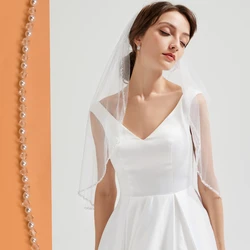 Wedding Veil with Crystal Edge Bridal Veils Pearls Beads Wedding Accessories for Bride1 Tier Fingertip Length Soft Tulle V34