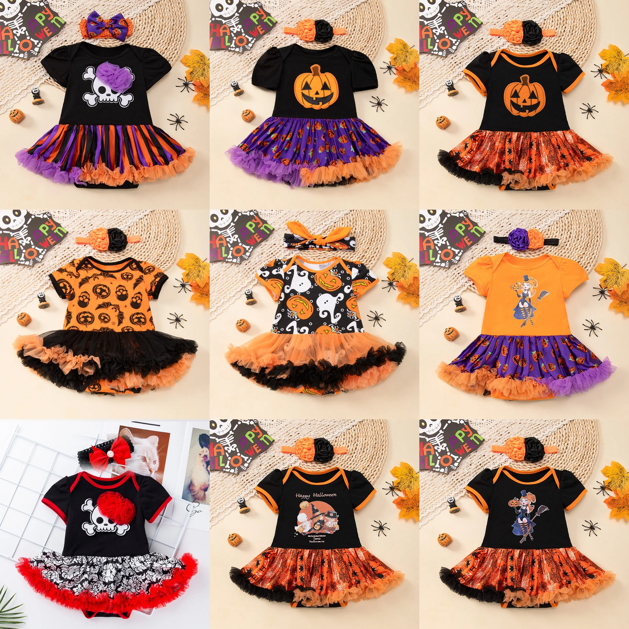 2026 Infant Cute Fluffy Pumpkin Skull Print Fashion Dress + Hair Clip Set Halloween Christmas Carnival Party Gown Gift For Girl