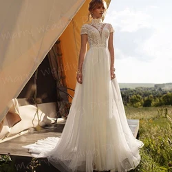 Boho Beautiful Graceful A Line Women's Wedding Dresses Modern Lace Appliques Bride Gowns Generous High Neck Vestidos Femenino