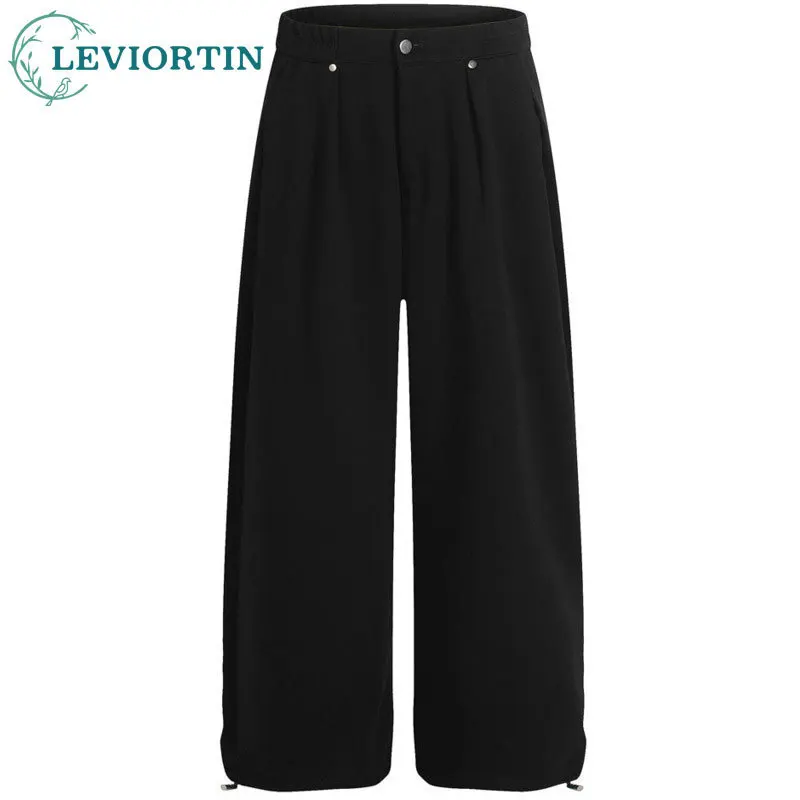 

Четырехсезонные мужские модные свободные и универсальные однотонные спортивные широкие повседневные брюки в американском стиле с завязками на шнуровке