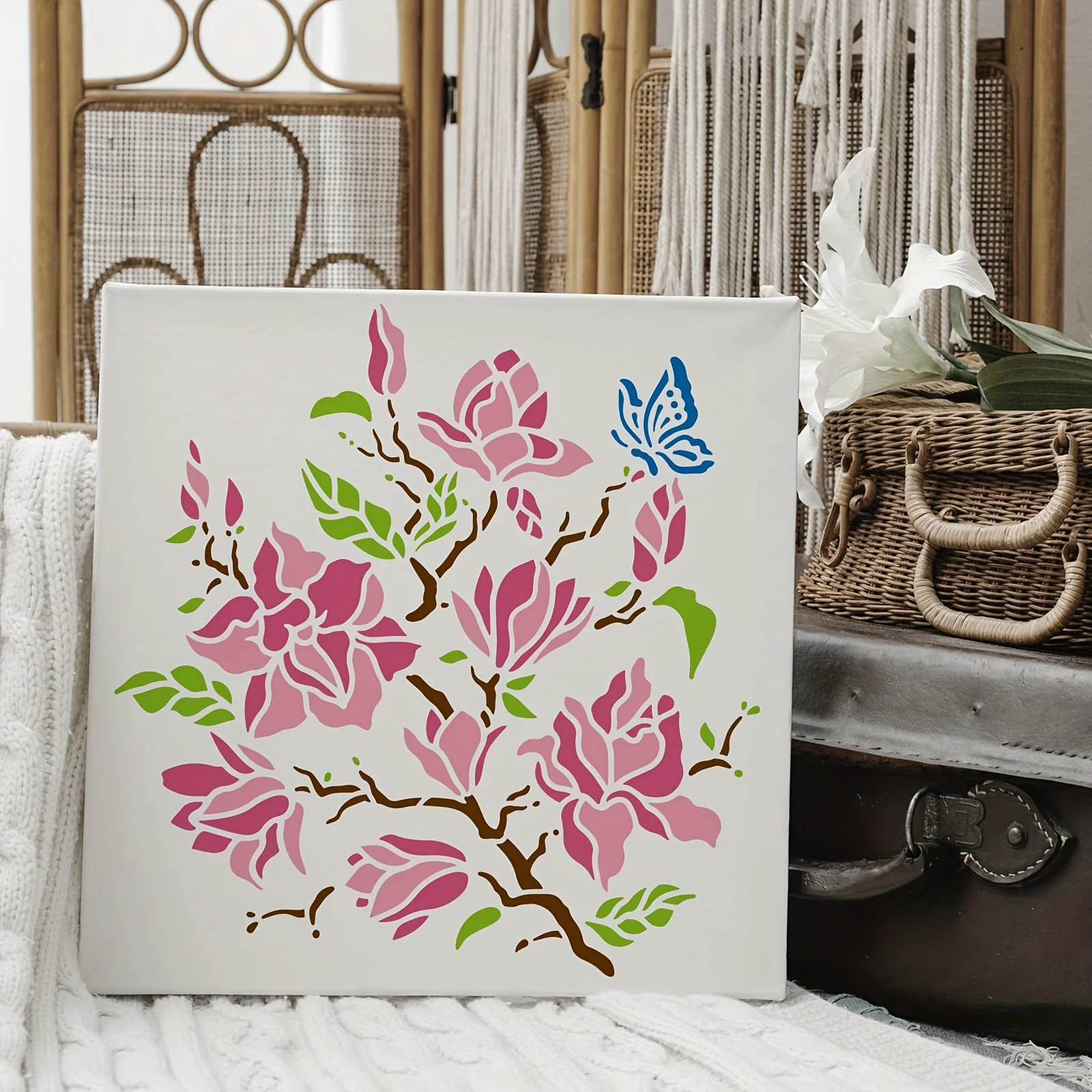 1Pc Magnolia Stencils 11.8x11.8 inch Magnolia Flower Painting Stencil Plastic Reusable Magnolia Flower Stencils for Painting on