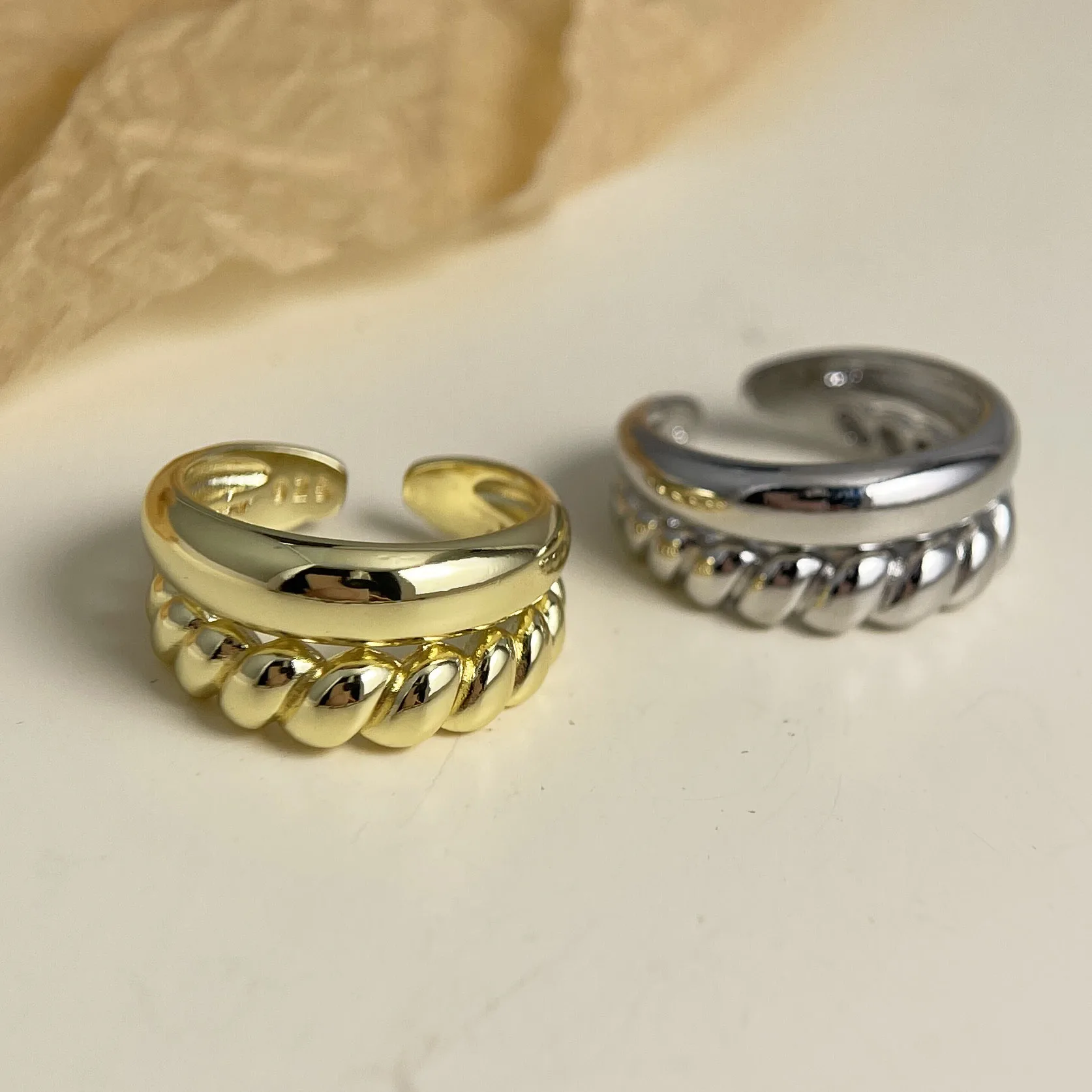 925 Sterling Silver Rings For Women Simple Vintage Handmade Double Layered Strip Ring Fashion Band Female Bijoux Gift