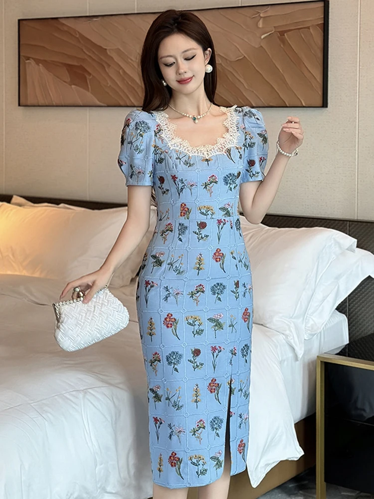 女性用ストリートウェア、ブルーの花柄刺繍入りパフスリーブ、スリムなミディ丈ペンシルドレス、エレガントなレディースファッション、パーティードレス、カジュアルな夏のワンピース