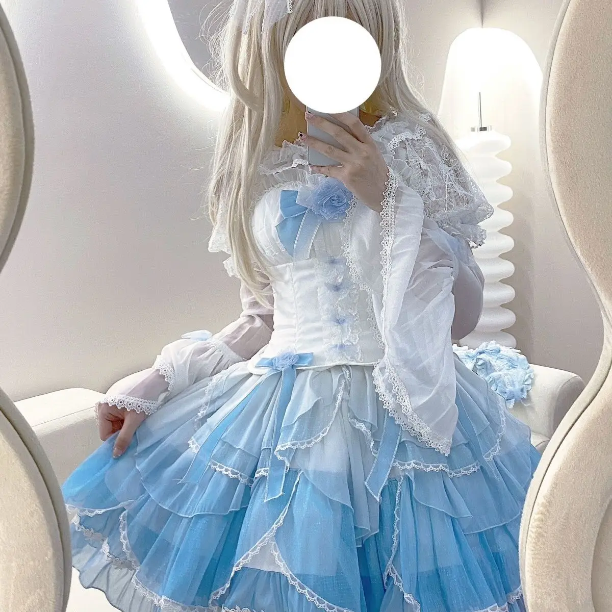 Coalfell Original Genuine Lolita Puff Skirt Lace Bow Blue and White Gradient Large Tail Western Dress Princess Dresses Female