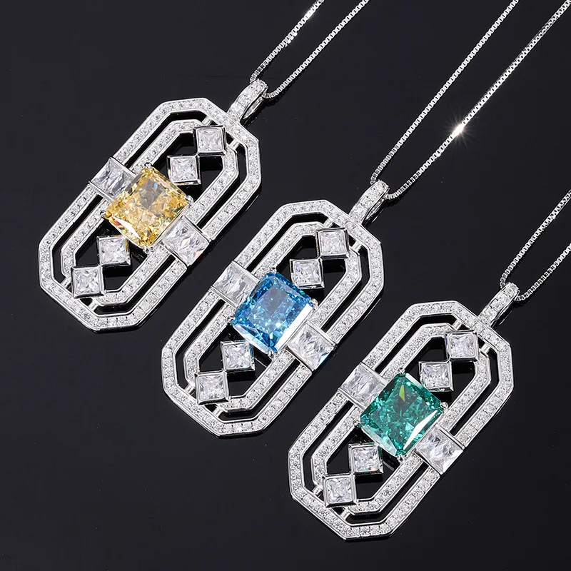 18K Gold Set with PT950 Platinum High Carbon Diamond Radiant Cut Retro Square Pendant Necklace Main Stone 10*12