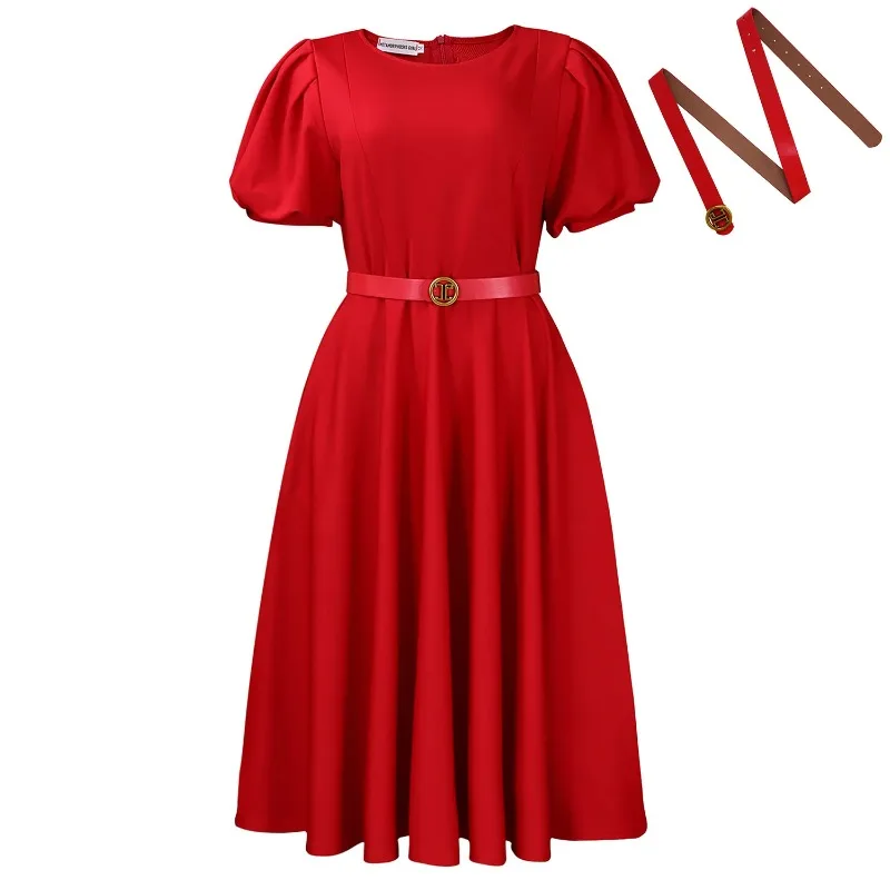 

Elegant High Waist African Dress C8659 Women's Fashion Bubble Sleeve round Neck Large Skirt Swing Summer 2026 Pure Color
