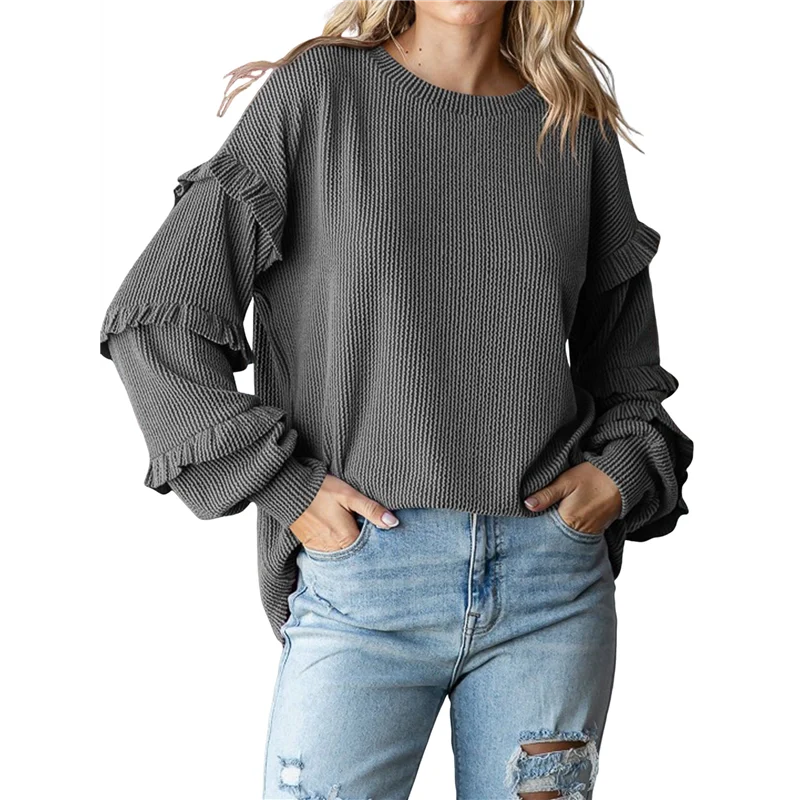 

FX-Женская блузка с круглым вырезом и длинными рукавами, свободные туники, вязаные однотонные топы, осенние футболки