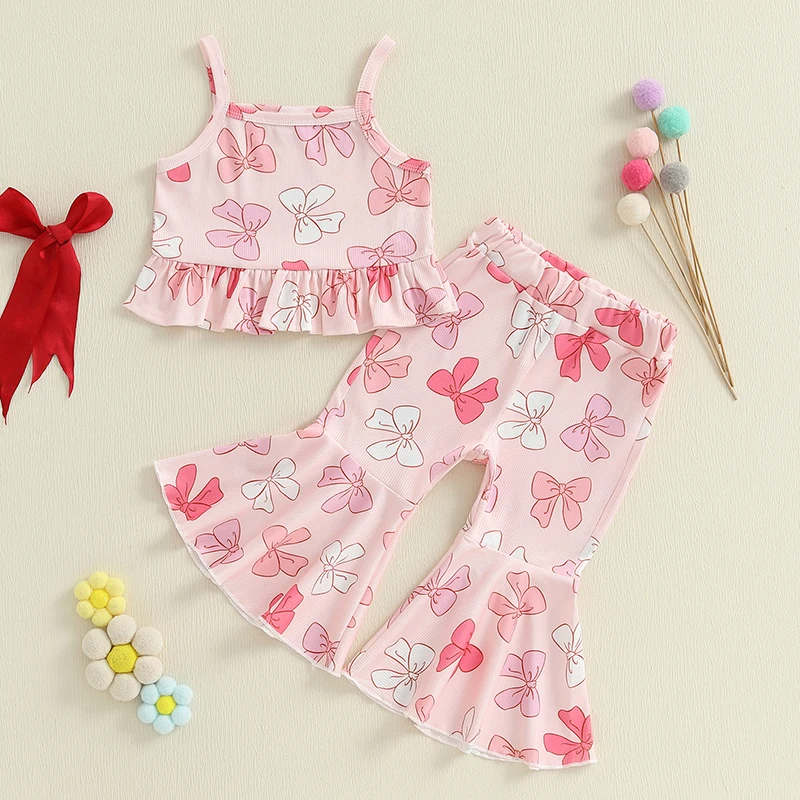 

Toddler Girl Summer Outfits Bow Print Sleeveless Tank Tops Elastic Waist Flare Pants 2Pcs Clothes Set