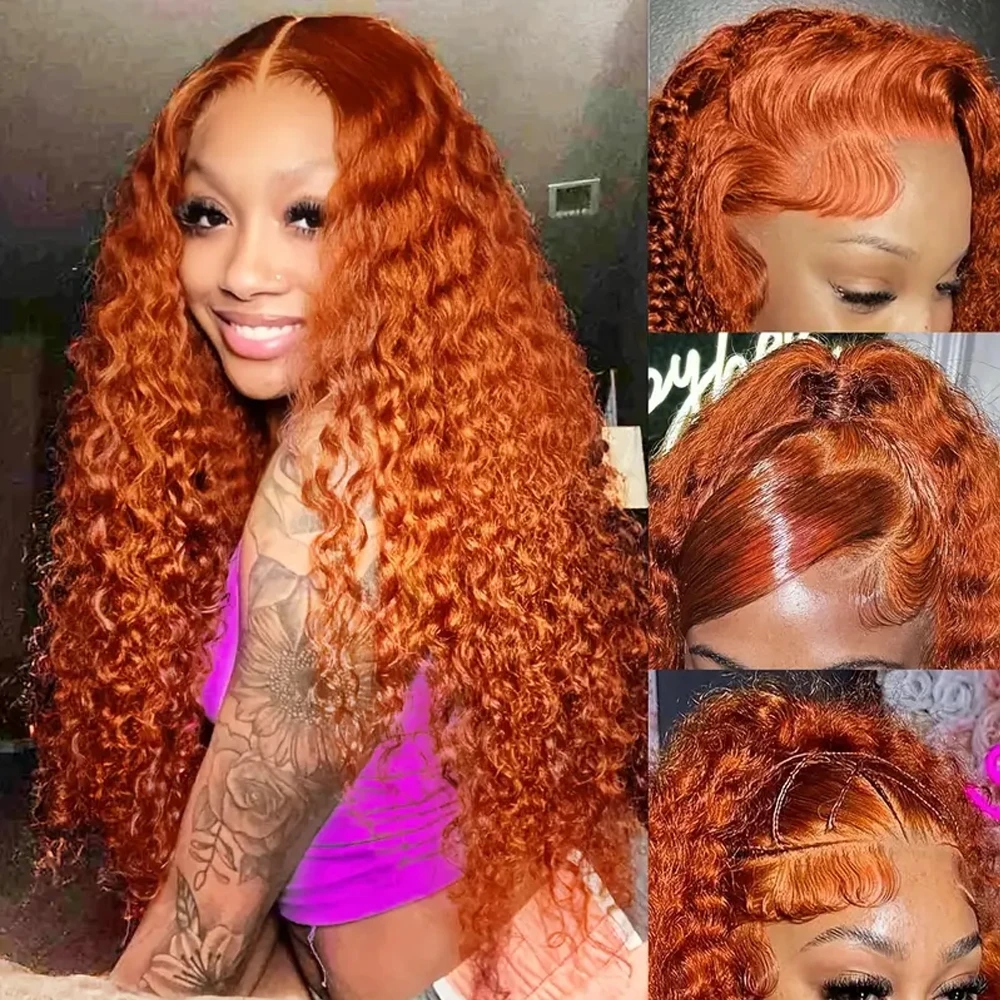 210%Density Curly Water Wave Lace Front Wig Human Hair #350 Ginger Orange Deep Wave Lace Front Wig Pre Plucked For Women