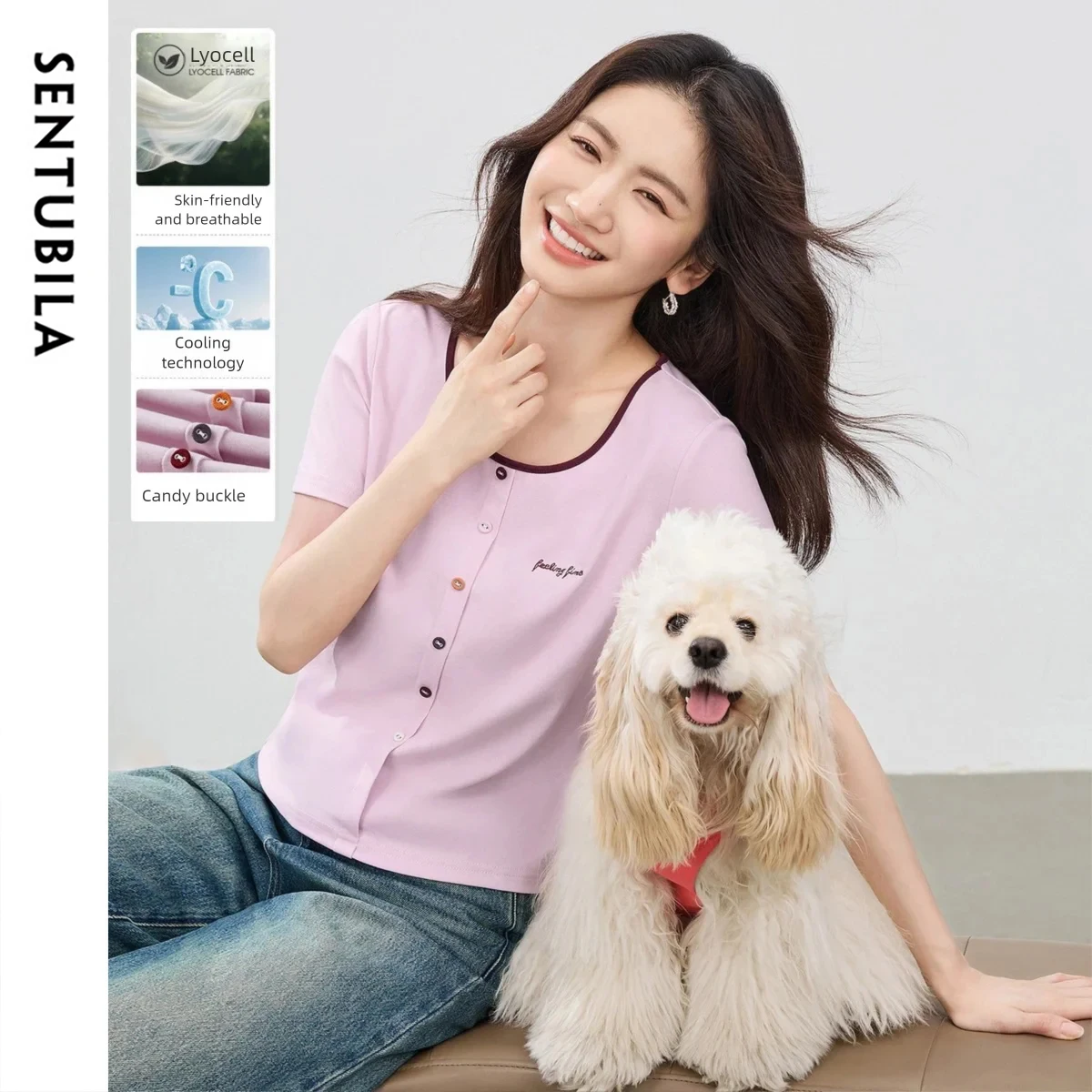 

SENTUBILA Women Pink T-Shirt Crew Neck Color Block Letter Embroidered Crop Top 2026 Summer Minimalist Daily Wear 162TD6891