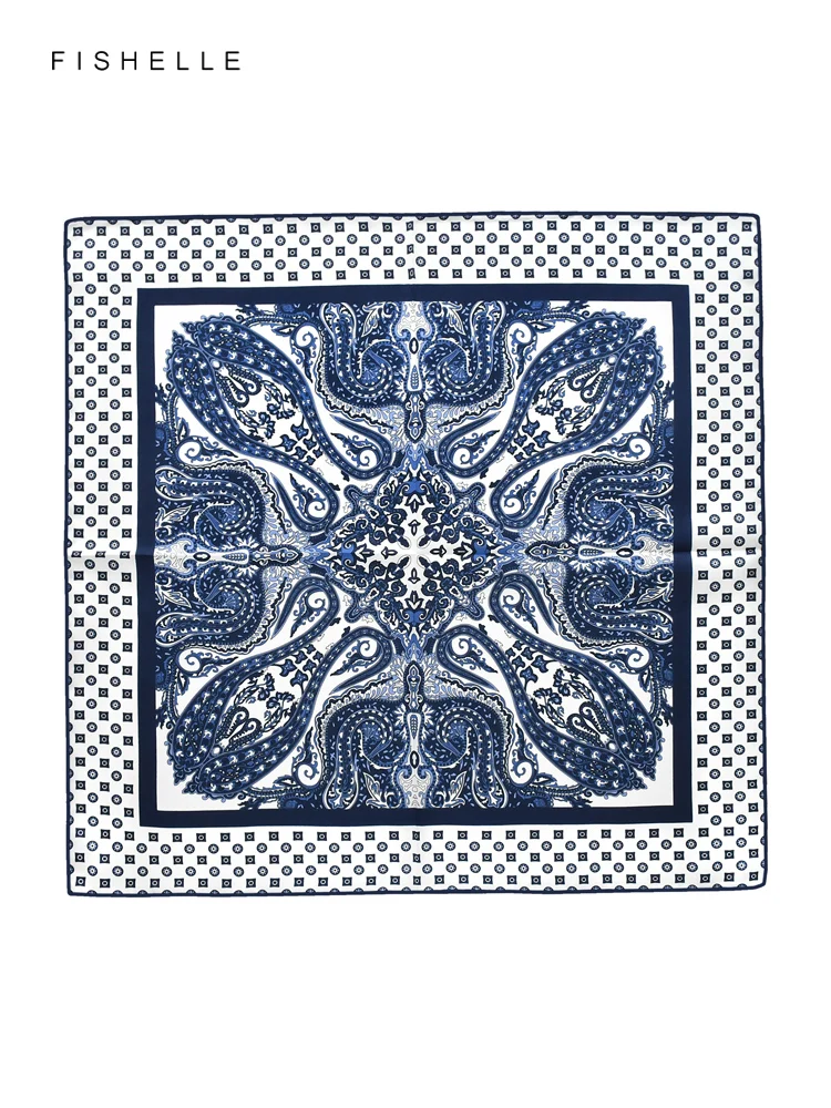 New blue white ethnic style printed natural silk twill small square scarf for women spring autumn real silk scarves men\'s hijab