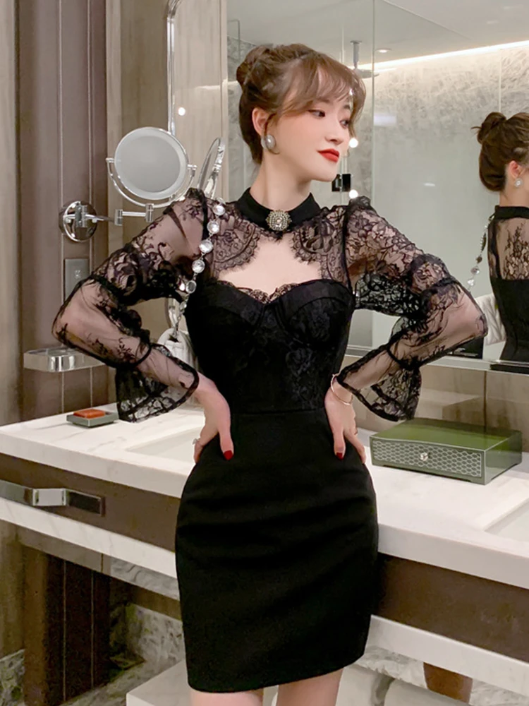 Lace Mini Dress Women Luxury Diamond Sheer Hook Flower Hollow Long Sleeve Wrap Slim Gown Femme Sexy Retro Elegant Party Vestidos