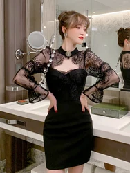 Retro Elegant Lace Mini Dress Women Luxury Diamond Sheer Hook Flower Hollow Long Sleeve Wrap Slim Gown Femme Prom Party Vestidos