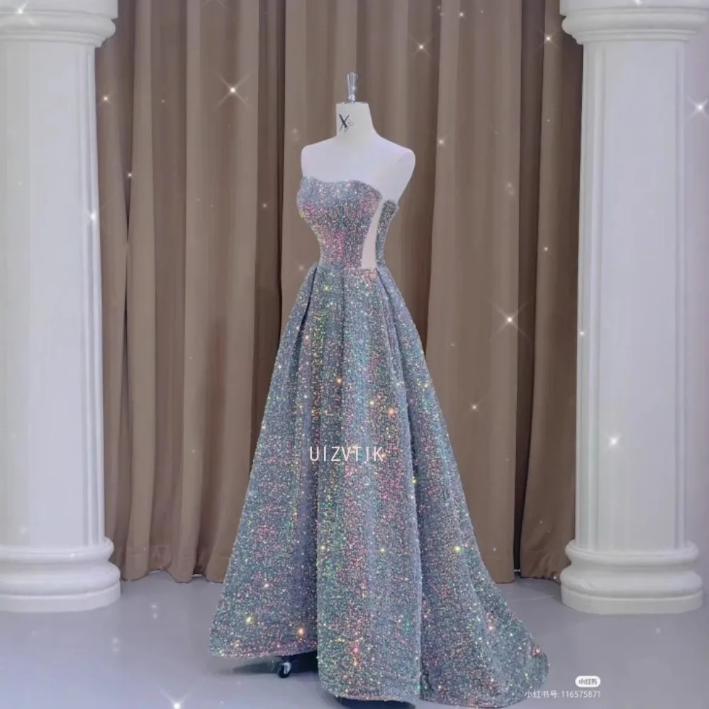 

Sequined Long Prom Dresses Women Light Luxury Strapless Evening Party Dress Quinceanera Dresses Customized Formal Occasion Dress