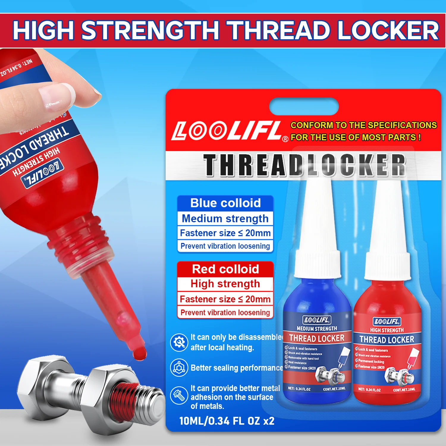LOOLIFL Adhesivo de bloqueo de tornillo bloqueador de roscas para tuercas, pernos, sujetadores, pegamento de tornillo de alta resistencia para evitar que la corrosión y aflojar