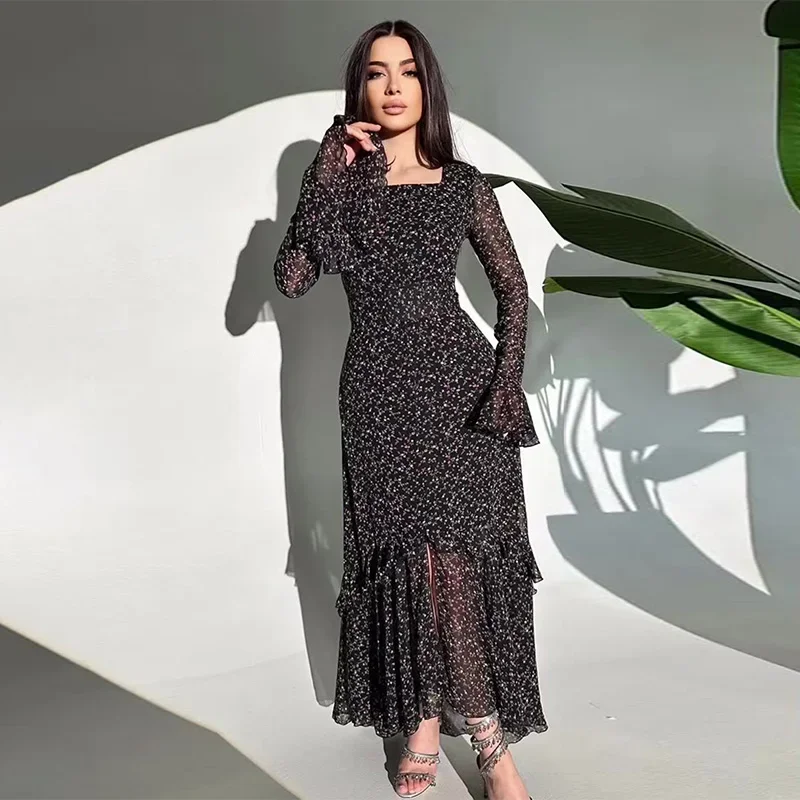 Chiffon Printed Ruffle Dress Women\'s Summer Long Sleeve Stitching High Waist Slim Irregular Floral Evening Dress Long Dress