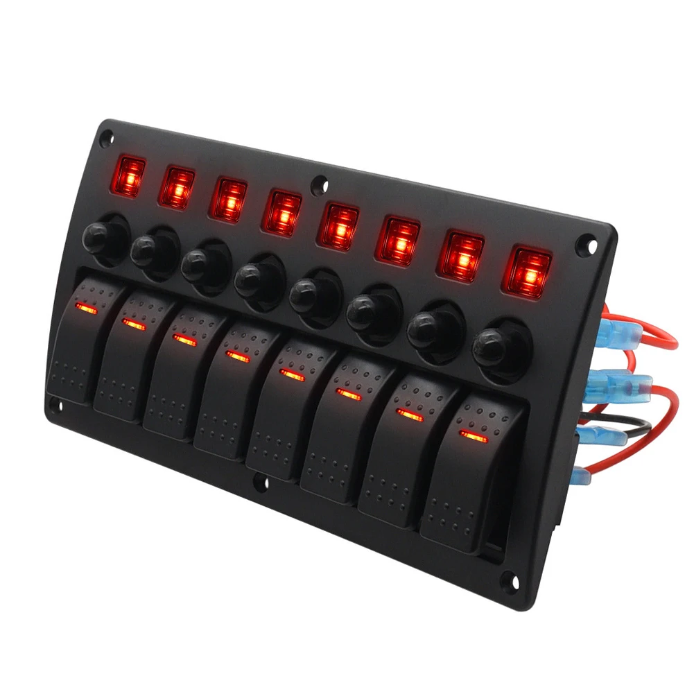 12-24V Universal Car RV Marine Boat Red LED 8 Gang Toggle Rocker Switch Panel Circuit Breaker