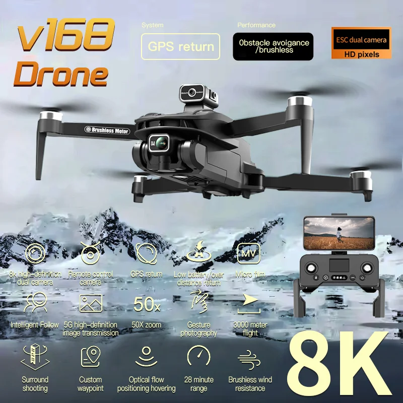 

V168 PRO Drones GPS Profesional 8K with HD Camera FPV 5G Wifi Brushless Motor Foldable RC Quadcopter Obstacle Avoidance Dron