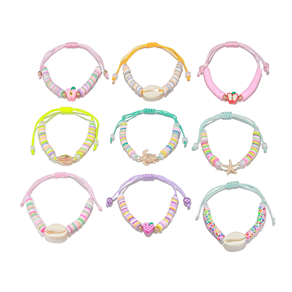 9Pcs/set Summer Beach Shell Fruit Charm Beads Soft Clay Bracelets for Sister Girls Friendship Party Birthday Jewelry Gift