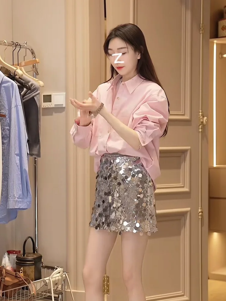 

Oajer Flagip Store Women's irt Spring Hong Kong Sle Retro Slimming Versatile Top Light Blue Color Commute Straight Tube...