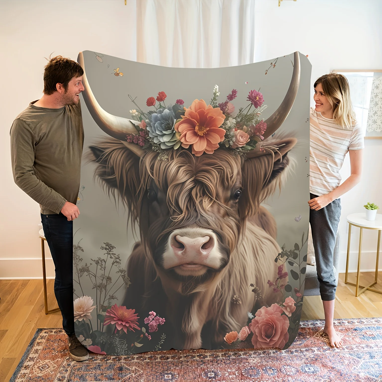 Cozy Highland Cow Fleece Blanket – Bohemian Style Soft Flannel Throw with Floral Wreath Design, Perfect for Home, Office, Travel