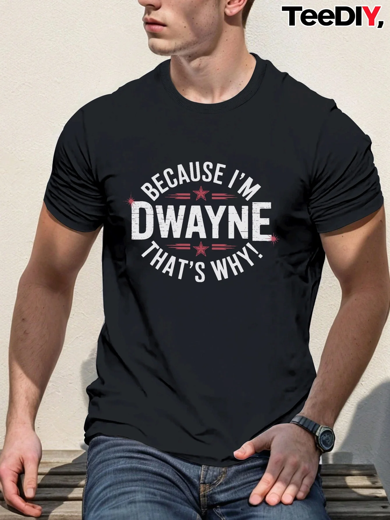 Funny Men's Black Graphic T-Shirt Dwayne Name Slogan Bold Letter Print Star Accent Distressed Typography Statement Design 100% Cotton Heavyweight Short Sleeve Casual Streetwear Tee