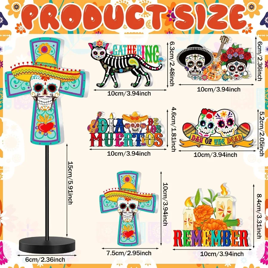 6 Pcs Dia De Los Muertos Decoration Day of The Dead Altar Table Centerpiece Wooden Sugar Skull Decor Tall Standing Mexican Hal