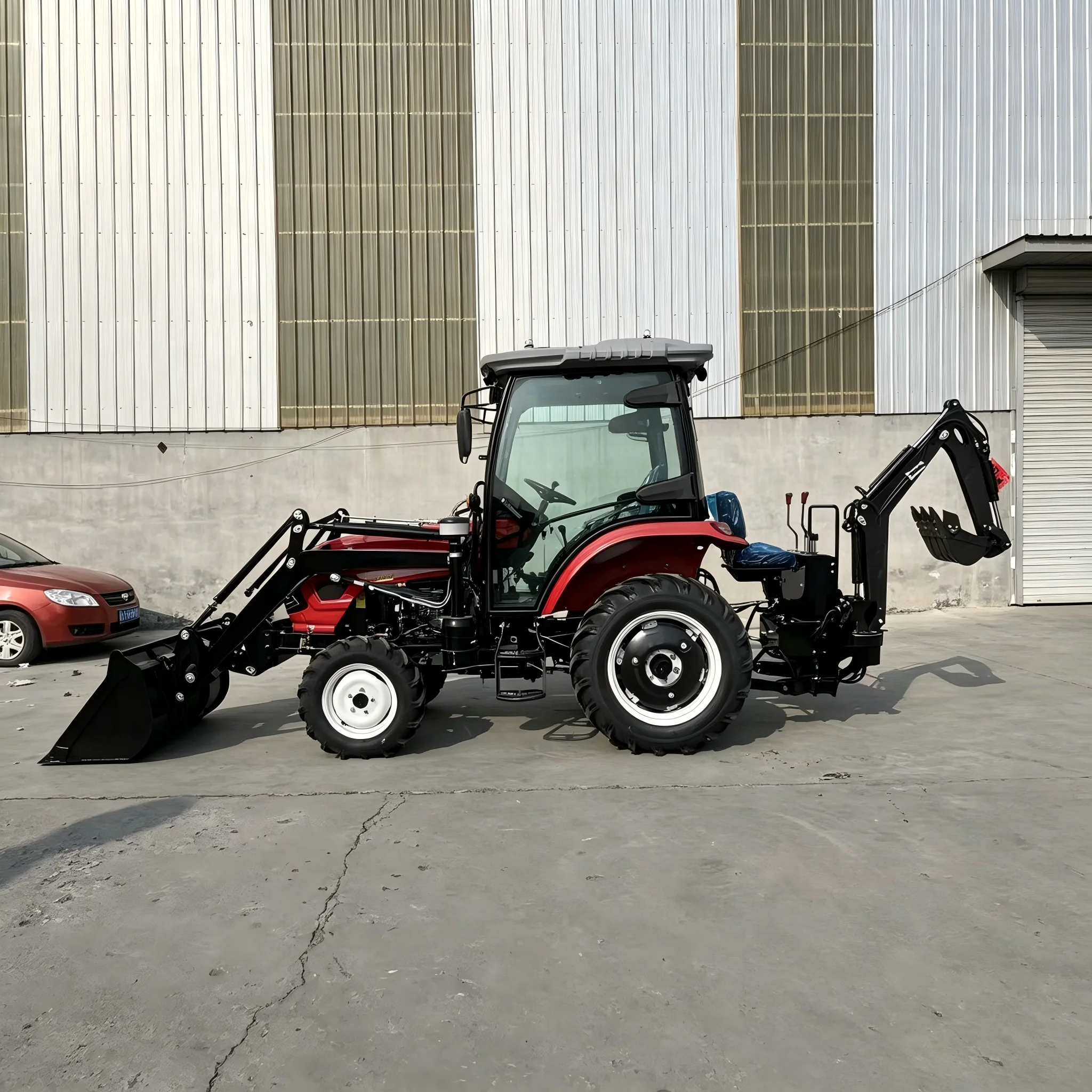 AOYU 4WD 50HP Diesel Tractor with Enclosed Cabin, Gear Drive Multifunctional Farm Tractor with Front Loader & Rear Backhoe