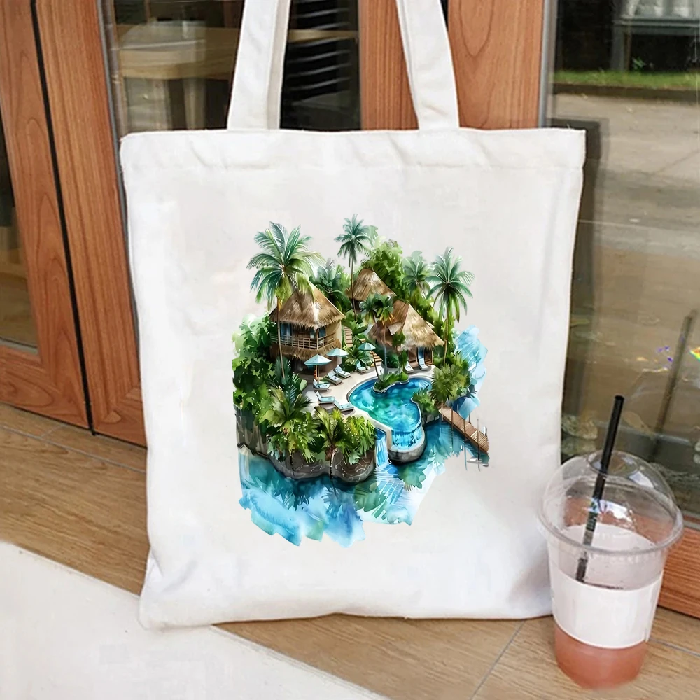 Tropical Scene Canvas Tote Bag Watercolor Palm Tree Island Resort Pool Print For Travel Shopping Leisure Daily Storage Bag