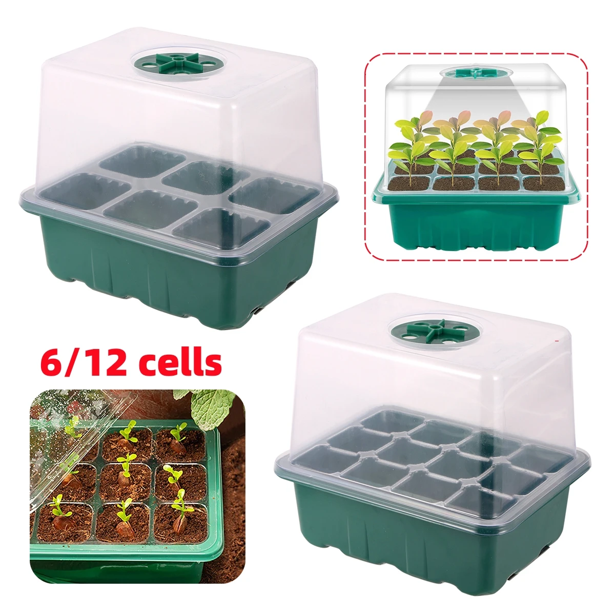 6/12 Cells Square Cover Seedling Trays Germination Box with Adjustable Breathable Holes Garden Greenhouse Vegetable Planting 1Pc