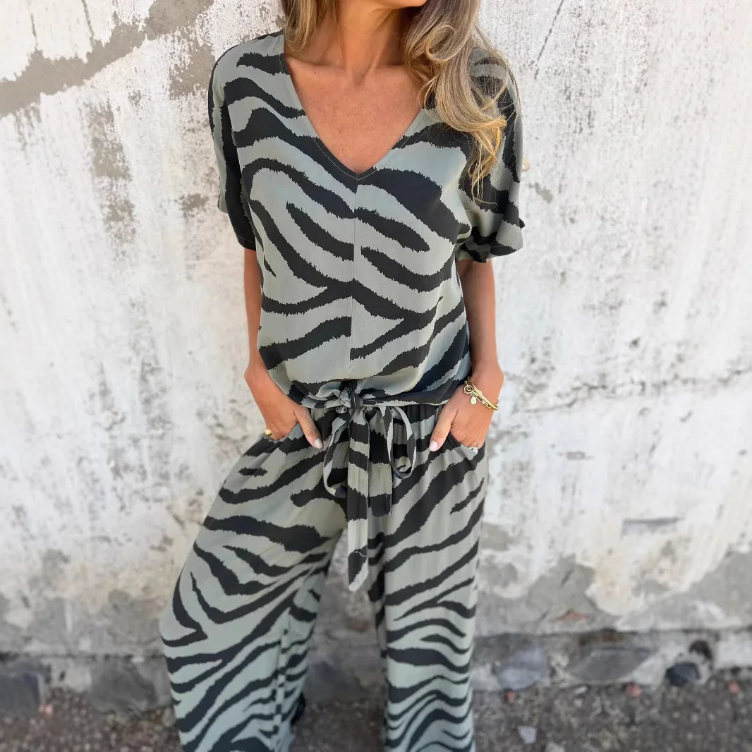 Set casual in due pezzi con stampa zebrata Moda primaverile Nuovo scollo a V a maniche corte Pullover con lacci Top Set di pantaloni a gamba larga in vita elastica