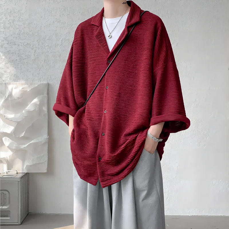 

Итальянская неаполитанская мужская рубашка с коротким рукавом, летняя, тонкая, свободного кроя, модная, винно-красная, на пуговицах, повседневная, верхняя одежда, полиэстер