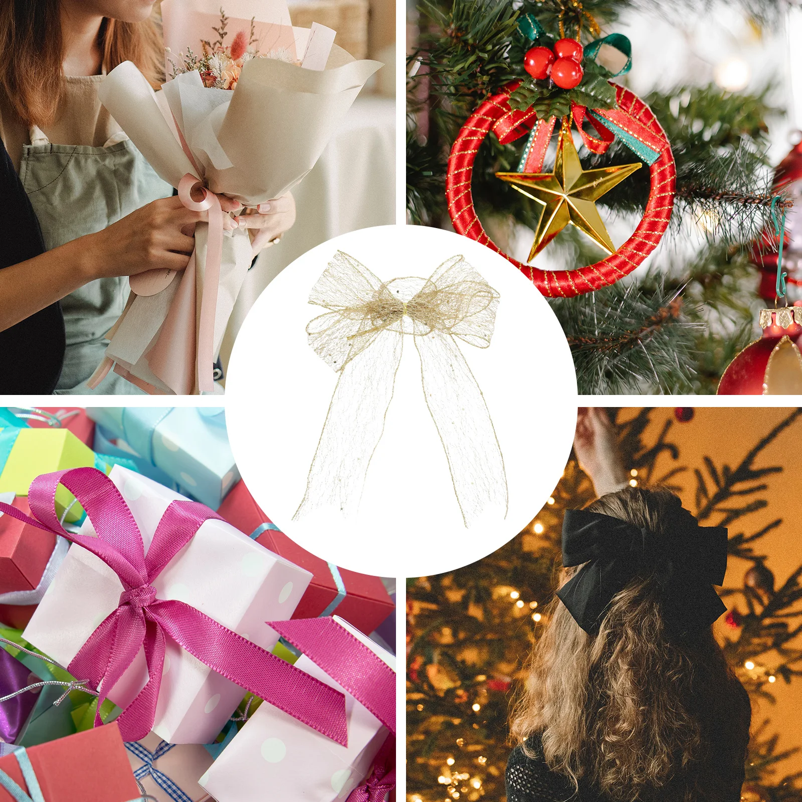 

4pcs Large Golden Bow For Gift Boxes Christmas Tree Decorations Holiday Ribbon Bows Glitter Pvc Polyester Festive Indoor Outdoor