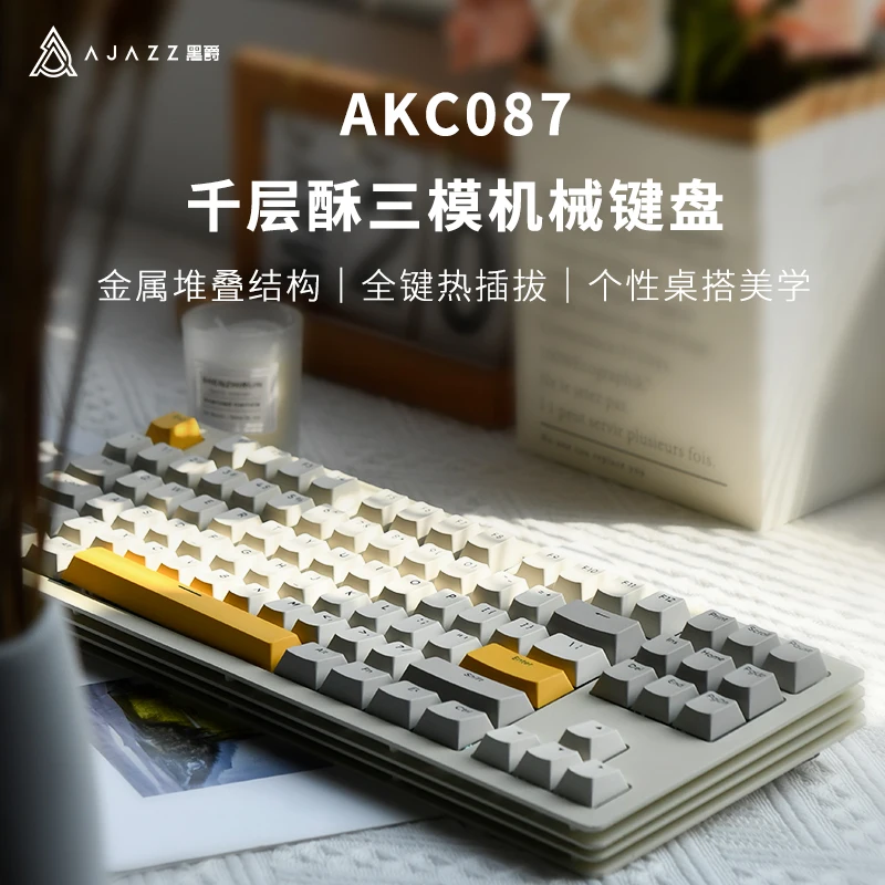 AJAZZ Keyboard Mekanikal AKC087 RGB 87Keys tombol Bluetooth Gaming Keyboard nirkabel 2.4G USB tri-mode untuk Gamer Laptop PC