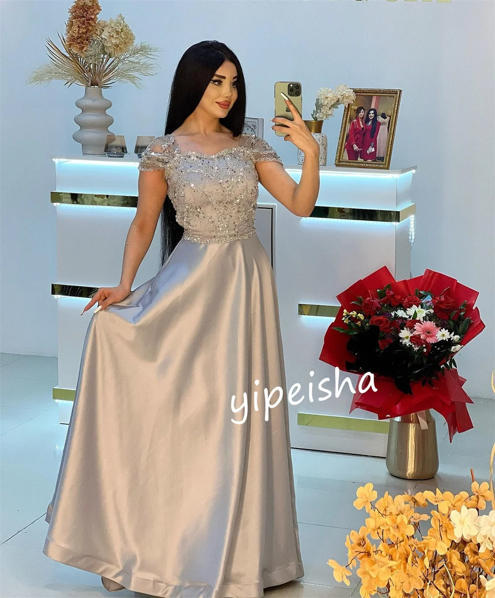 Satin Sequined Valentine's Day A-line Square Neck Bespoke Occasion Gown Midi Dresses