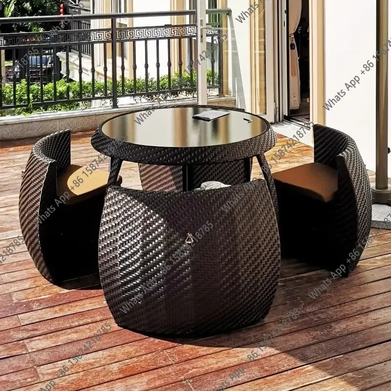 V69 Outdoor Rattan Table And Chair Five-piece Set Courtyard B&B Terrace Waterproof And Sunscreen Rattan Weaving Round Creative