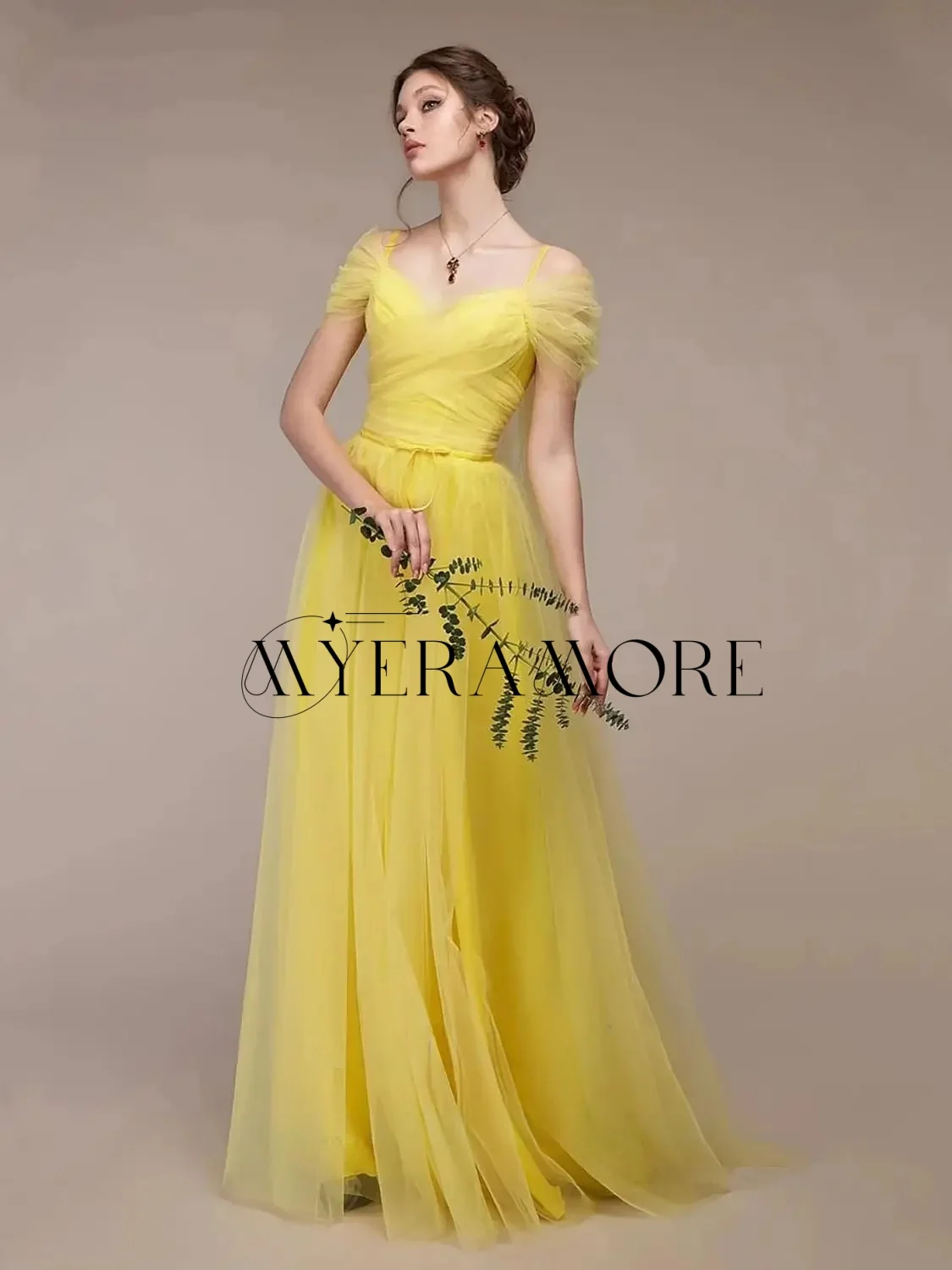 

Fashion Off the shoulder Evening Dresses Yellow Tulle A-Line Birthday Party Prom Gowns Customized robes de soirée