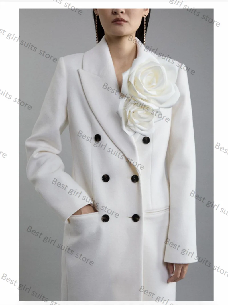 White Cashmere Wool Women Suit Skirt 1 Piece Long Blazer Prom Dress Double Breast Formal Office Lady Jacket Customized Overcoat