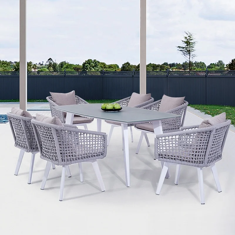 Patio Restaurant 7 Piece Dining Sets Furniture Outdoor Garden Porch Aluminum Rope Table and 6 Seater Chairs