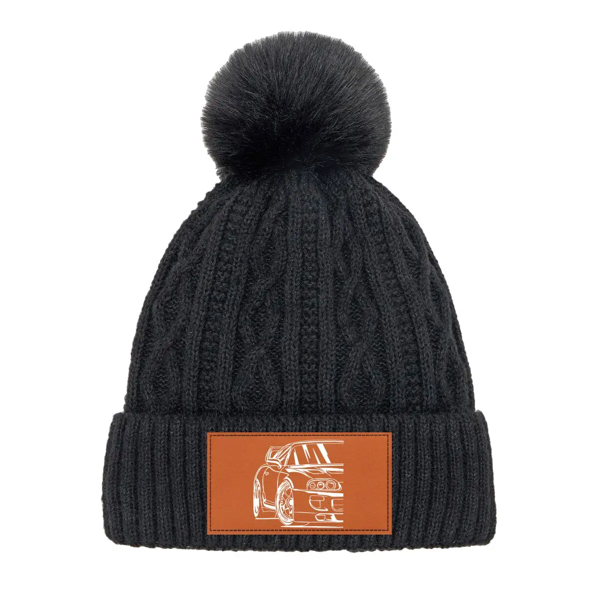 

Белая кепка с рисунком автомобиля, модная уличная утолщенная меховая шапка с помпоном, связанная крючком