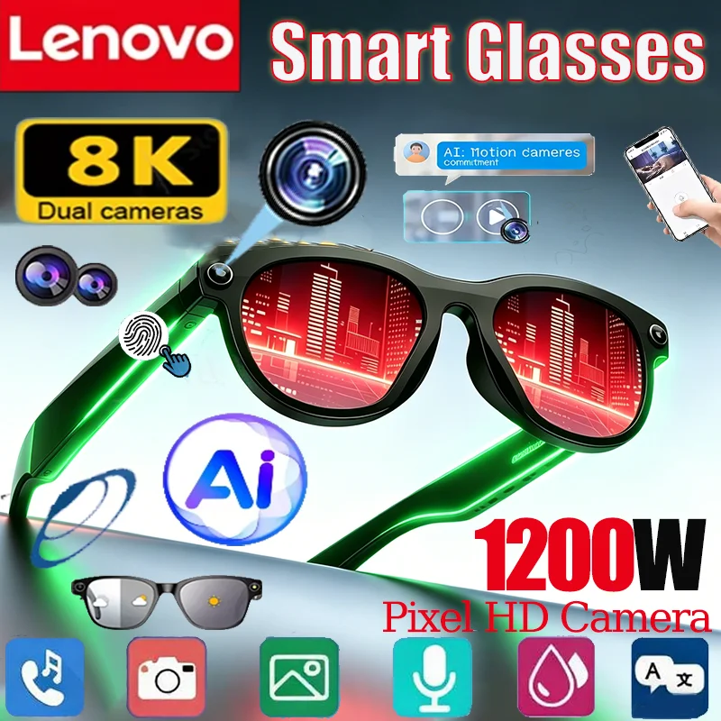 

Lenovo NEW 8K 1600W HD AI Smart Glasses Camera Dual Real-time Translation Bluetooth Call Shoot Audio Video Music Play Sunglasses