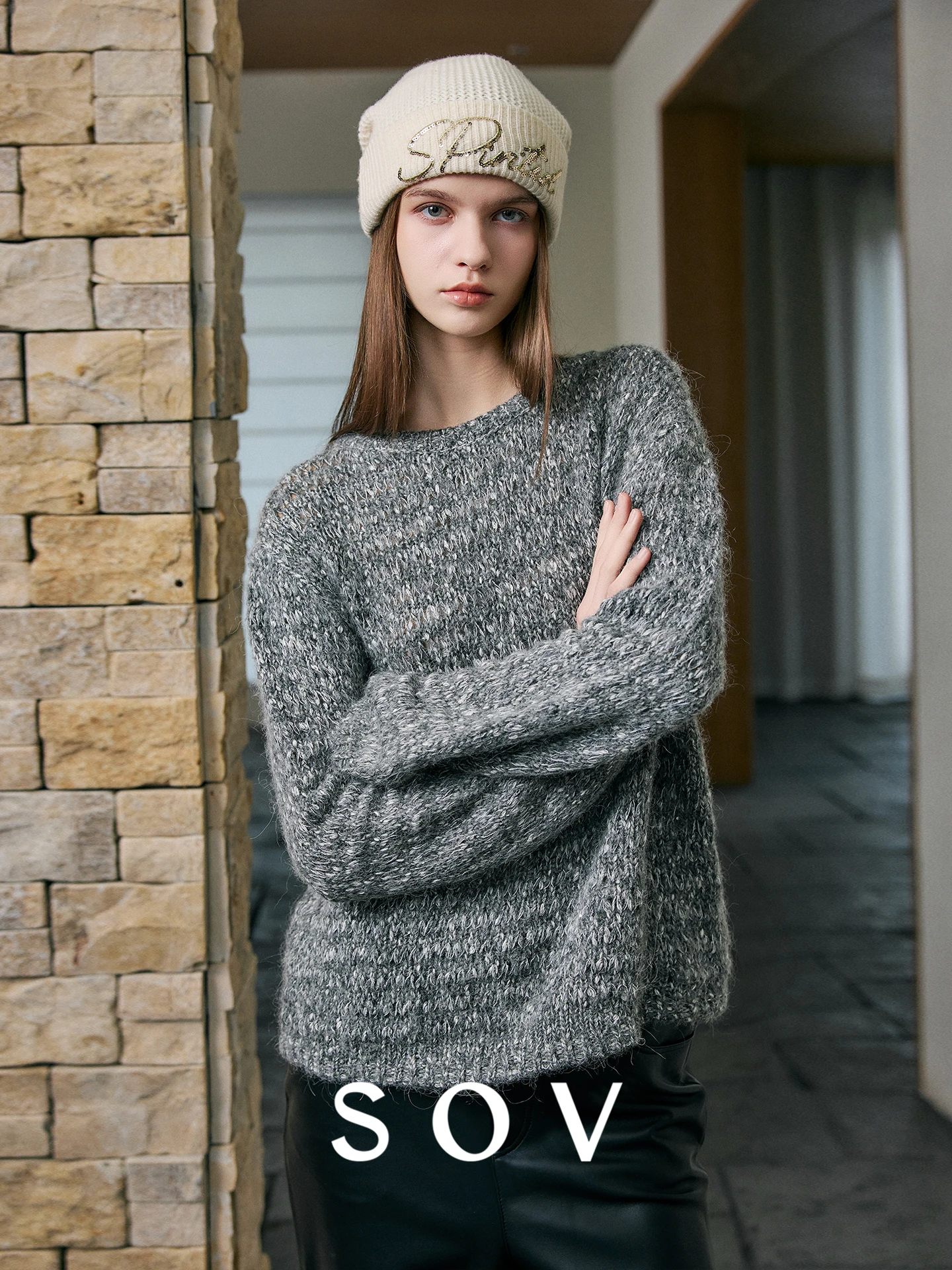 

SOV Starlight Kangbohui Bead Tead Spun Yarn Heavy Double Tead Flower Tead round Ne Sweater Long Sve Cotton Blend W...