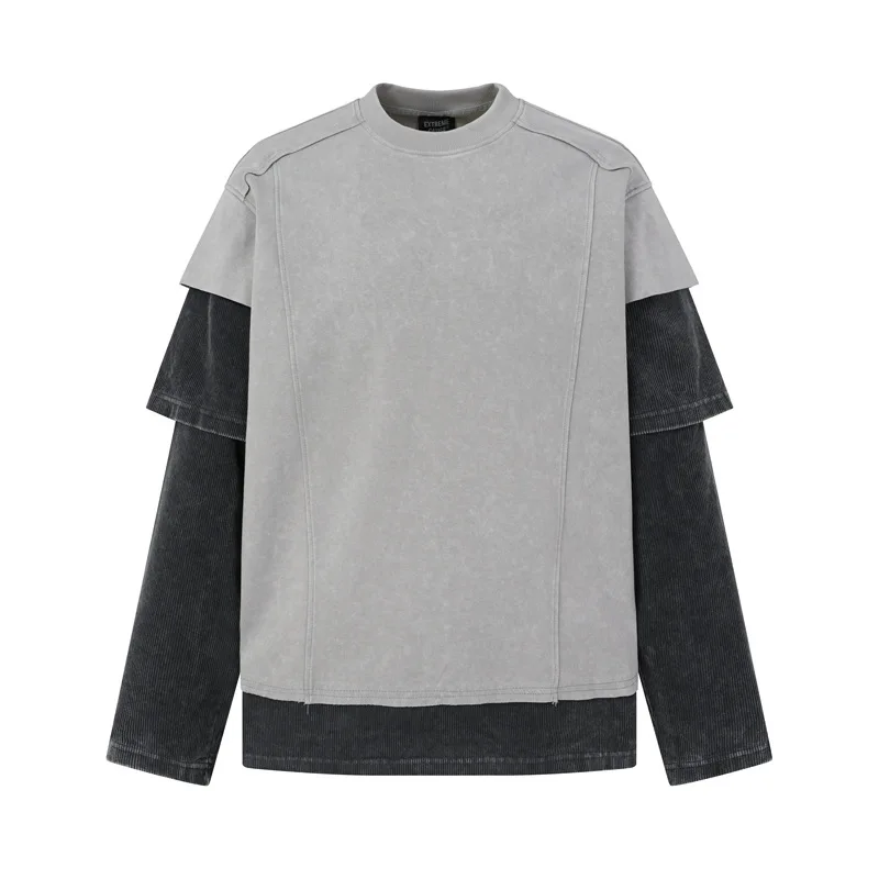 Men's Vintage Hip Hop T Shirts Fake Two Piece High Street Washed Retro Shirt Loose Fit Y2K Long Sleeve Tees Tops Autumn Spring
