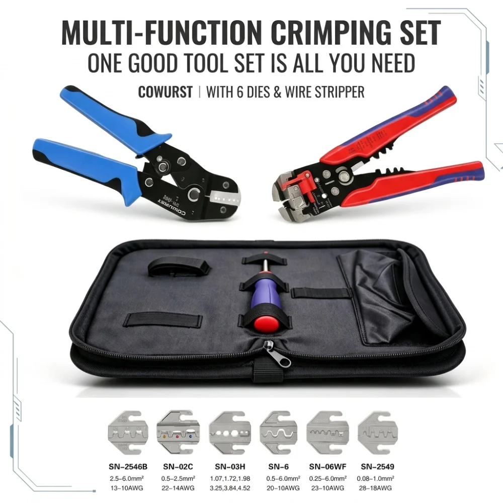 Multi‑Function Crimping Pliers Kit Wire Stripper Terminal Crimper Tool Set With 6 Replaceable Dies Electrician Hand Repair Tools